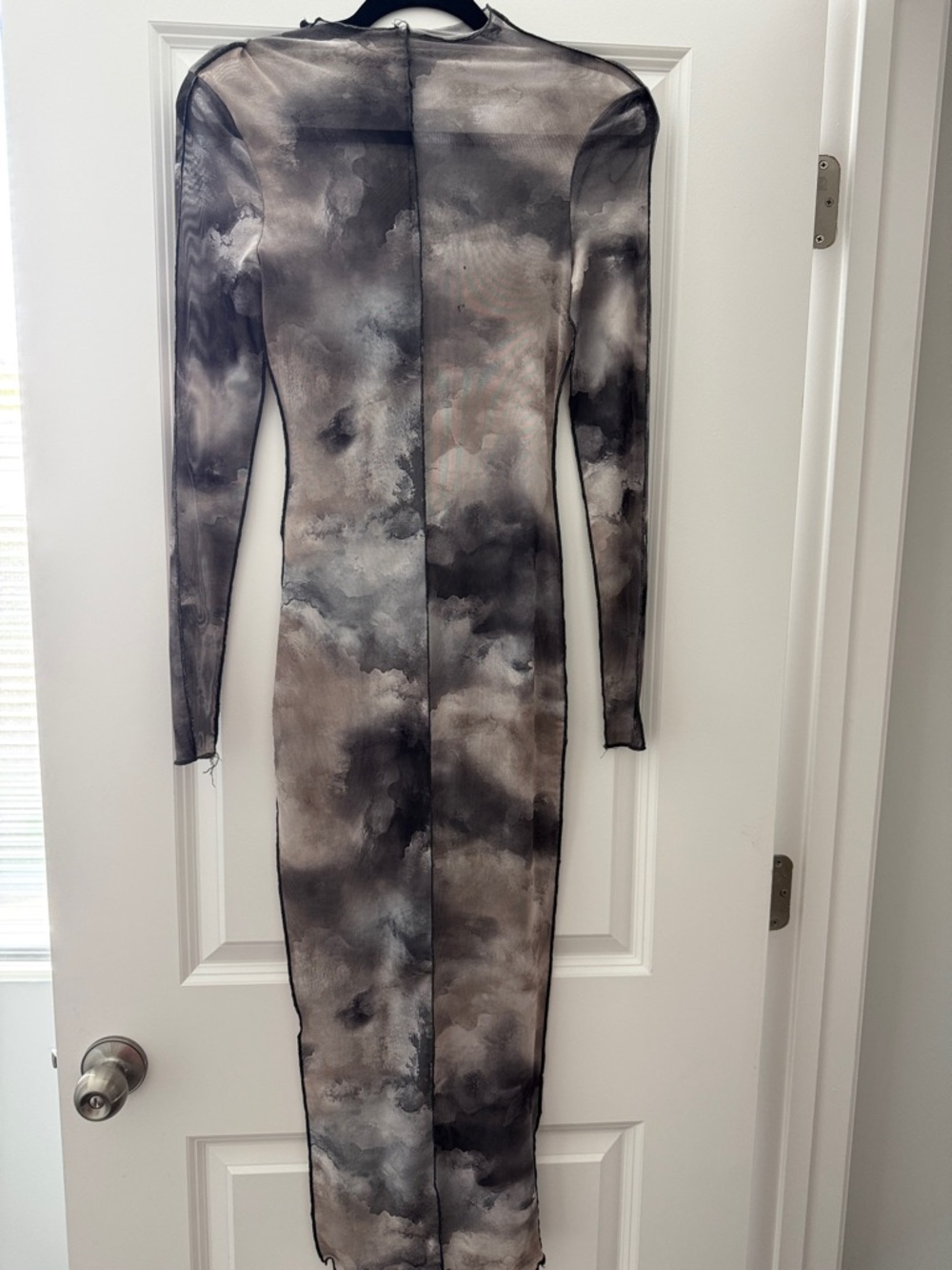 AKIRA Sheer Long-Sleeve Cloud Print Bodycon Dress in Gray and Taupe